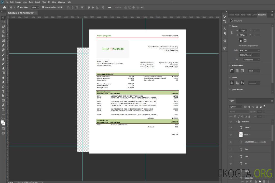 Relevé bancaire Italie Intesa Sanpaolo template